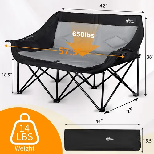 Vista 3 de Silla de camping para 2 personas, silla de camping de gran tamaño, sillas de camping dobles para adultos, sofá de camping resistente, silla plegable
