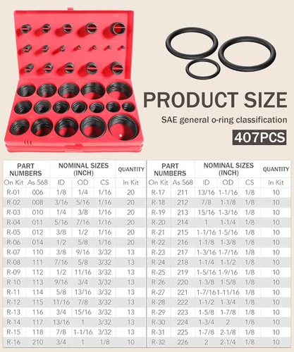 Vista 5 de Kit surtido de 826 piezas de anillos tóricos, kit de juntas tóricas de goma de nitrilo con 4 púas y ganchos, accesorios universales SAE y métricas