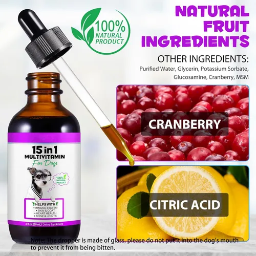 Vista 4 de Multivitamínico líquido para perros, vitaminas 15 en 1 para perros, multivitamínico para apoyar la piel y el abrigo, corazón, huesos