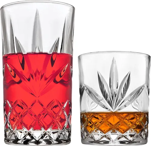 Vista 2 de Godinger Juego de Cristalería Mixta de 8 Piezas, 4 Vasos Highball Altos para Beber, 4 Vasos Old Fashioned de Whiskey, Juego de Cristalería, Copas