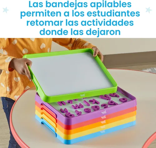 Vista 4 de hand2mind Bandejas magnéticas de borrado en seco para actividades, bandejas apilables para el aula, bandejas magnéticas de letras, pizarras blancas