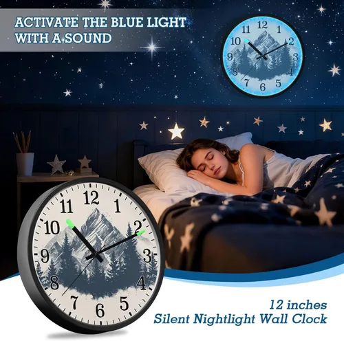 Vista 6 de JUNZAN Luminous Voice-Activated Round Wall Clock 12 Inch Mountain Vintage Design Non-Ticking Silent Battery Operated Wallclocks for Kitchen Bedroom