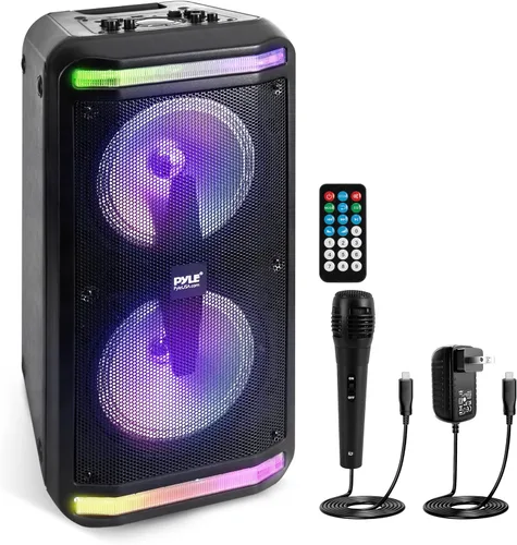 Vista 8 de Pyle Sound Around - Altavoz Bluetooth y sistema de micrófono, altavoz de karaoke estéreo portátil con micrófono con cable, lectores MP3/USB/Micro