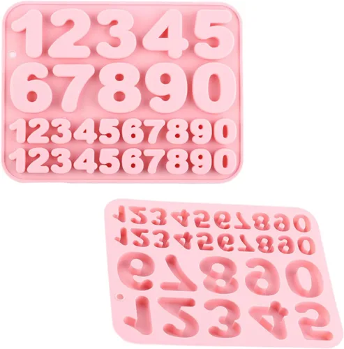 Vista 4 de Paquete de 2 moldes de silicona para números, 30 cavidades, medianos y pequeños, de 0 a 9 dígitos para hornear, chocolate, dulces, cupcake, jabón