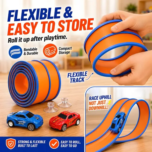 Vista 4 de 15FT Race Track, 2 High-Speed Pull Back Cars, Fits Hot Wheels Cars 15FT flexible double-lane track with 2 suction cups and 2 high-speed pull-back