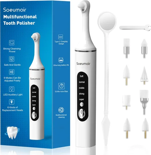 Vista 9 de Tooth Polisher,Rechargeable Tooth Whitening Kit for Teeth Cleaning and Whitening, with 8 Brush Heads, LED Light, 5 Speed Modes Dental Polisher