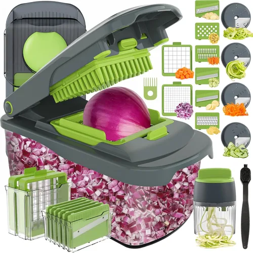 Vista 13 de Picadora de verduras Ourokhome con recipiente, picadora manual de verduras con 2 cuchillas de corte para tiras de papa, cubos de cebolla, palitos