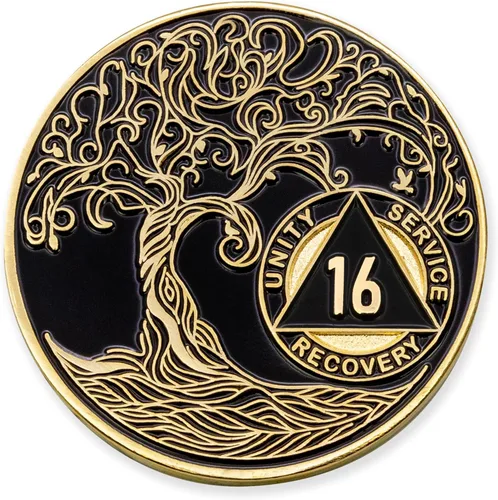 Vista 5 de 1 año Sobriety Mint Twisted Tree of Life Medallón de recuperación AA chapado en oro, chip/ficha - negro
