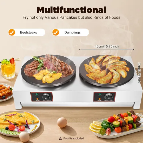 Vista 6 de Máquina de crepas eléctrica comercial de doble cabeza, 16 pulgadas 3400 W de acero inoxidable antiadherente para panqueques, estufa de panqueques