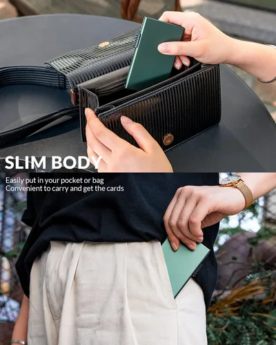 Vista 6 de VULKIT Tarjetero minimalista Pop Up Tarjetas RFID Protección Slim Metal Wallet, Verde medianoche, Minimalista
