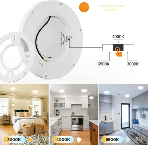 Vista 3 de Lámparas de techo de montaje empotrado, 3000K-4000K-6500K y 100W equivalentes a luces LED planas para techo de habitación, luces de techo redondas