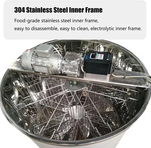 Vista 2 de Extractor eléctrico de miel, extractor de centrífuga de miel de acero inoxidable 304 de 8 marcos, con tapa transparente y soporte de acero