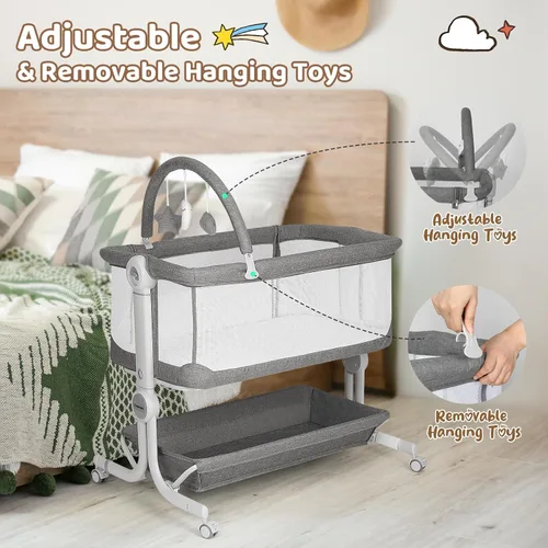 Vista 2 de Cowiewie Cuna para bebé 2-1 al lado de la cama con ruedas para bebé, moisés plegable de altura ajustable y portátil (gris)