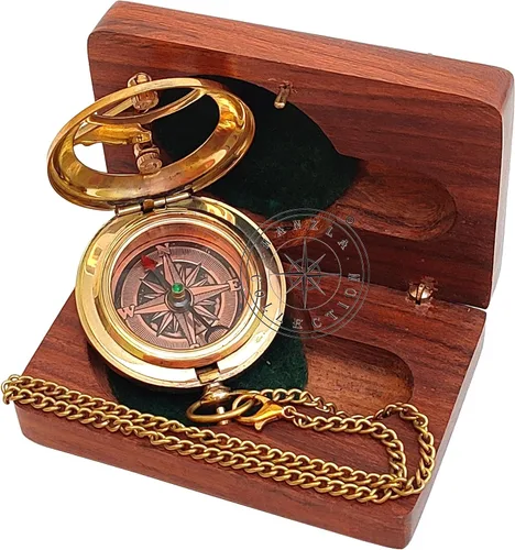 Vista 3 de Reloj de sol hecho a mano con botón de dirección con cadena y caja de madera, reloj de sol de bolsillo de brújula de latón, regalo de bautismo