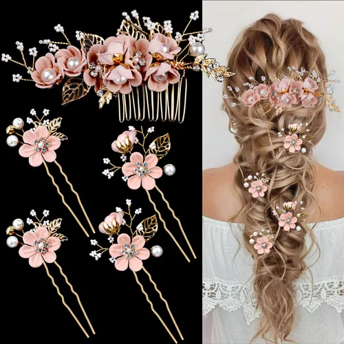 Vista 9 de 5 PCS Horquillas de Flores Nupciales para Cabello de Boda con Cristales y Perlas, Clips para Cabello, Tocado Dorado, Accesorios para Cabello
