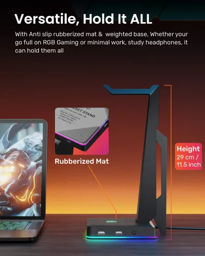 Vista 5 de IFYOO Soporte de auriculares RGB para juegos con 2 puertos USB, soporte de auriculares para PC, Xbox One, PS4, interruptor, soporte de auriculares