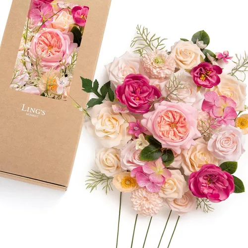 Vista 20 de Ling's moment Caja de flores falsas, tallos de vegetación artificiales artificiales, rosas de espuma, anturios, orquídea de seda, hoja de palmera