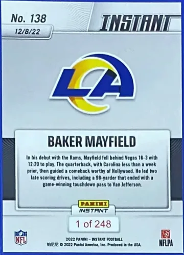 Vista 2 de Panini Instant Baker Mayfield # 138-Mayfield 2022 lidera el increíble regreso en los Rams debut-12/8/22 - Tarjeta de intercambio de fútbol - 1ª