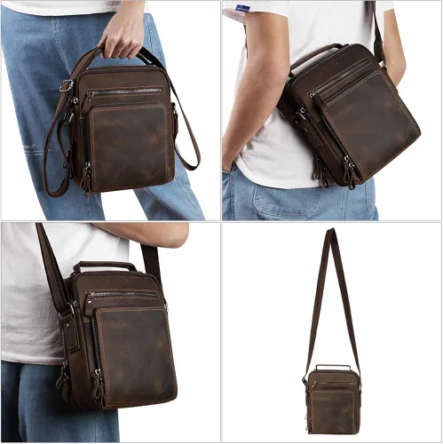 Vista 6 de CHARGELLA Genuine Leather Messenger Bag for Men, Office Work CrossBody Adjustable Shoulder Bag with 6 Zipper Pocket for Phone, Wallet, Storage Brown