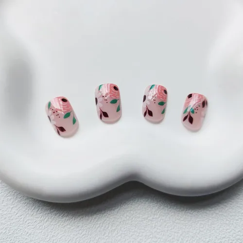 Vista 2 de Uñas postizas cuadradas cortas a presión, uñas postizas de cobertura completa con diseño de flores rosas, uñas acrílicas brillantes, uñas postizas a