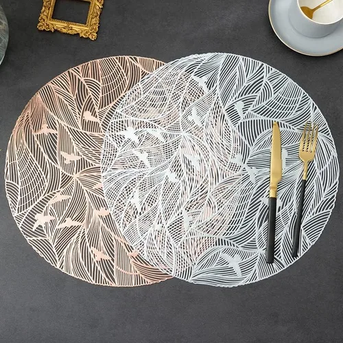 Vista 2 de 2/4/6pcs 38cm Gold Hollow Design Round PVC Placemats, Heat Resistant Waterproof Non-Slip Table Mats for Hotel Restaurant, Home Kitchen
