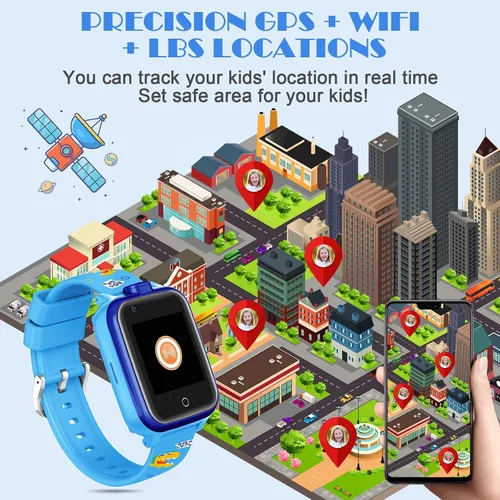 Vista 7 de Relojes GPS 4G para niños, relojes inteligentes, mini teléfono celular con doble cámara, llamadas, SOS, correas de dibujos animados resistentes al