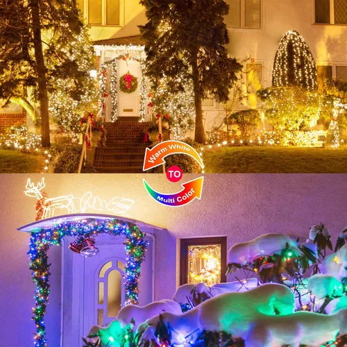 Vista 7 de JMEXSUSS Paquete de 2 luces solares de Navidad impermeables para exteriores, 100 LED de 33 pies, color blanco cálido y multicolor, luces solares