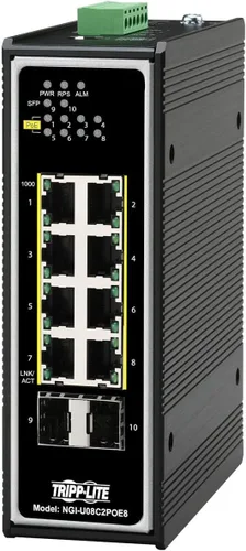 Vista 9 de Tripp Lite Conmutador Ethernet Gigabit PoE+ administrado industrial de 8 puertos de capa 2, puertos RJ45 de 10/100/1000 Mbps, montaje DIN