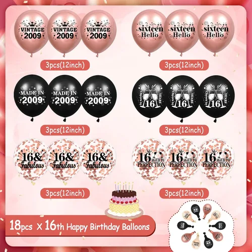 Vista 4 de Globos de cumpleaños número 16, 18 globos de oro rosa y negro 2009, decoraciones de fiesta de cumpleaños de 16 para niñas, globos de látex