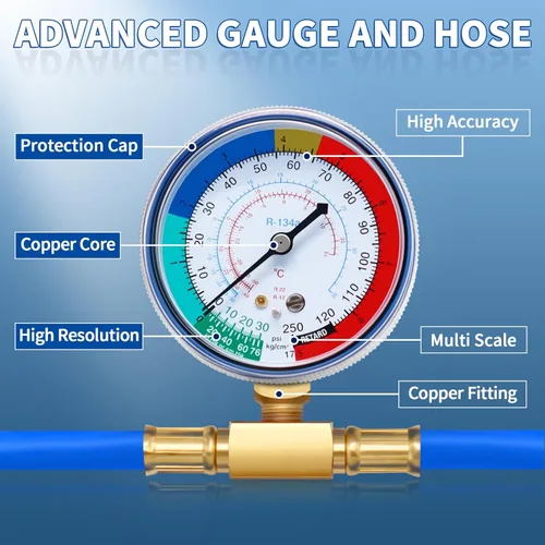 Vista 2 de Manguera de recarga de refrigerante R134a con calibre, kit de recarga de freón para refrigerador A/C R134A con válvulas de perforación de bala