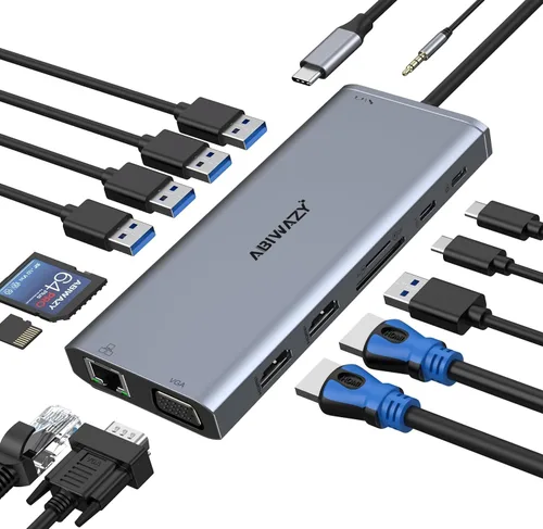 Estación de acoplamiento USB C Monitor dual para portátil Dell/HP/Lenovo/Surface, adaptador múltiple de concentrador de pantalla triple 14 en 1,