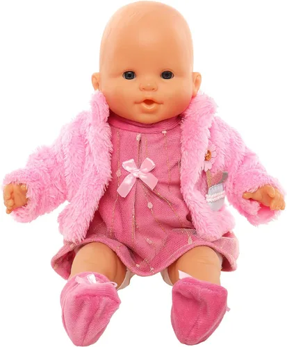 Vista 2 de Ropa de muñeca bebé casual, lindo traje rosa con vestido, abrigo y calcetines. Conjunto de 3 piezas adecuado para muñecas de 14 a 16 pulgadas