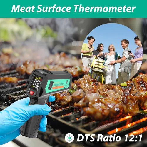 Vista 3 de Termómetro infrarrojo, pistola de temperatura láser de termopar tipo K, medición máxima de emisividad ajustable, pistola de calor exterior sin
