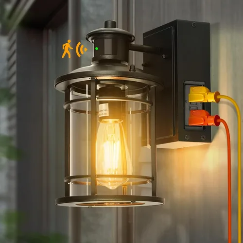 OKELI Lámparas de pared para exteriores retro industriales negras con salida GFCI - Luz de porche de atardecer a amanecer y sensor de movimiento, 3