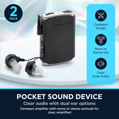 Vista 2 de Amplificador de sonido personal recargable – Paquete de 2, ligero y compacto sonido de bolsillo, dispositivo auditivo de audio con reducción