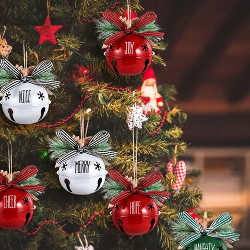 Vista 5 de Aoriher 9 piezas de adornos de campanas de Navidad de 3.1 pulgadas, campanas rústicas de cascabel de Navidad con conos de pino, lazo a cuadros