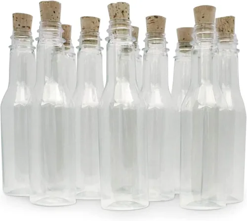 Juego de 20 botellas de plástico y corchos, botellas de plástico PET transparente con corcho, botellas pequeñas con corcho y frascos pequeños con
