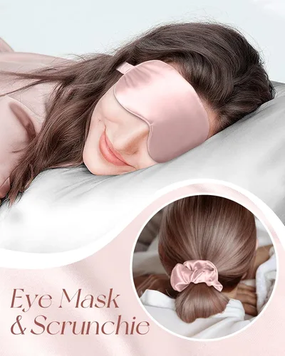 Vista 5 de Miss Adola Gorro de seda de morera para mujer, juego de dormir de 19 momme de seda natural para el cuidado del cabello con máscara de ojos y gorro