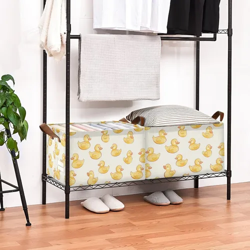Vista 8 de KLL Hand-painted Cartoon Yellow Duck Foldable Storage Baskets Fabric Storage Bins with Handles Closet Organizers for Shelves Closet Toys Books 2 Pack