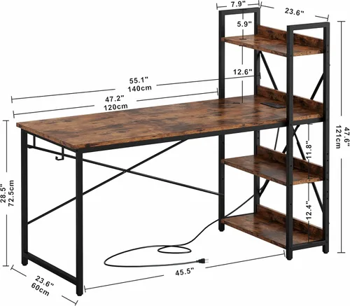 Vista 3 de IRONCK Escritorio para computadora de 55 pulgadas con toma de corriente y estantes de almacenamiento, mesa de estudio con puertos USB, estación