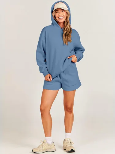 Vista 6 de ANRABESS Conjunto de 2 piezas con capucha y pantalones cortos para mujer, sudadera de gran tamaño, pantalones cortos, ropa Y2K