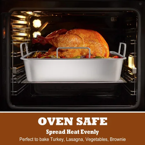 Vista 4 de P&P CHEF Bandeja Asadora de 14 pulgadas con rejilla para hornear y rejilla en forma de V, bandeja rectangular de acero inoxidable para lasaña