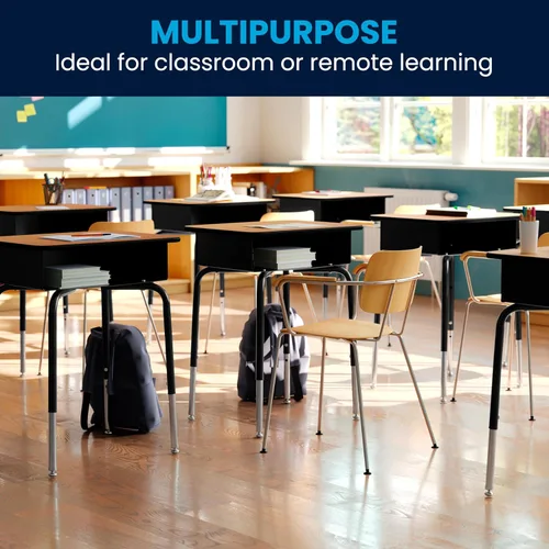 Vista 21 de EMMA + OLIVER Buckley - Escritorio para estudiantes, parte superior con acabado de granito sintético gris, marco de metal plateado, caja frontal