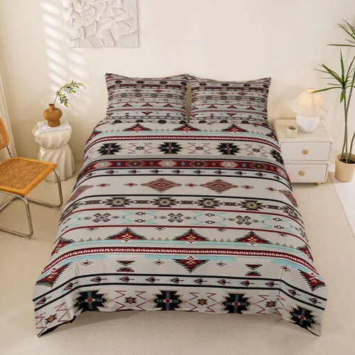 Vista 53 de Juego de ropa de cama bohemio occidental, tamaño Queen, funda de edredón azteca, funda de edredón étnica tribal con flecha, decoración de campo