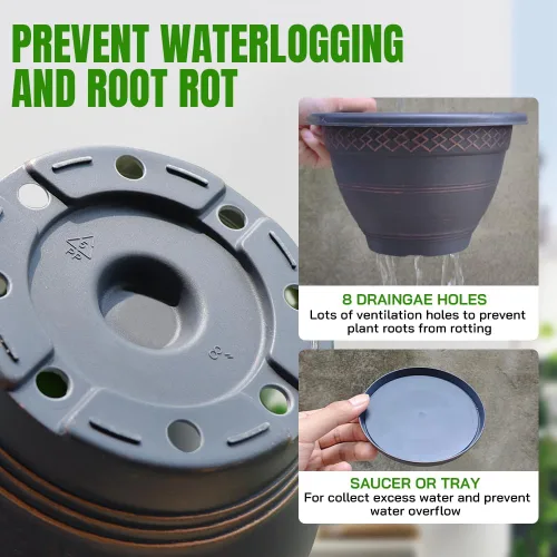 Vista 2 de Usocik Paquete de 6 macetas de 8 pulgadas, maceta de plástico para interiores y exteriores con agujeros de drenaje y platillo, macetas con patrón a