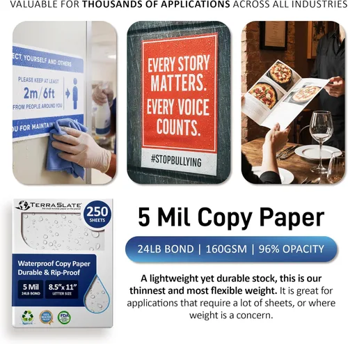 Vista 6 de TerraSlate Premium Papel Impermeable, 5 MIL 8.5" x 11", Compatible con Impresora Láser y Máquina Copiadora, Papel de Copia Duradero y Resistente a