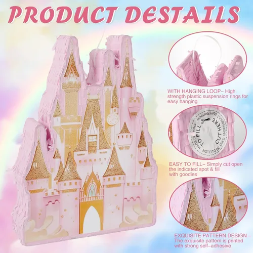 Vista 3 de Piñata de castillo de princesa, piñata de castillo rosa con venda y murciélago para niñas, decoración de juegos de fiesta de cumpleaños temática
