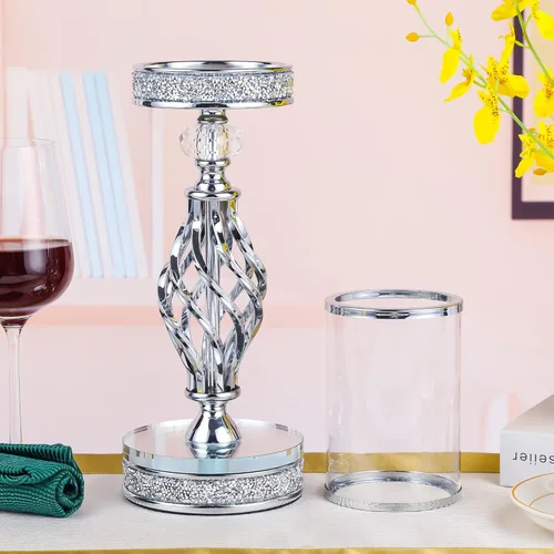 Vista 6 de Hanjue Portavelas de cristal para vela de pilar, portavelas de cristal de metal para decoración del hogar, centros de mesa, mesa de comedor de café