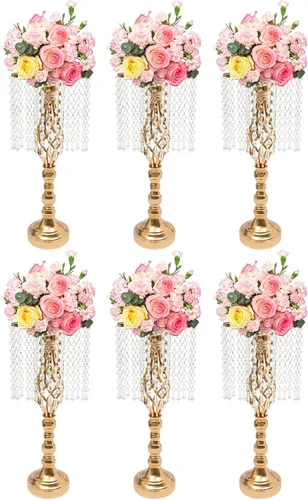 Mesa de boda, centro de mesa de cristal, soporte de flores de cristal, 6 piezas de flores doradas, jarrones de 19.3 pulgadas de alto, centros de