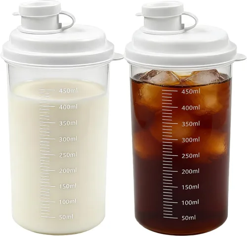 2 Pack Plastic Milk Bottle with Dispenser, 16.9 OZ Reusable Juice Bottle with Leakproof Lid & Scale, Milk Container for Refrigerator Pour Spout for